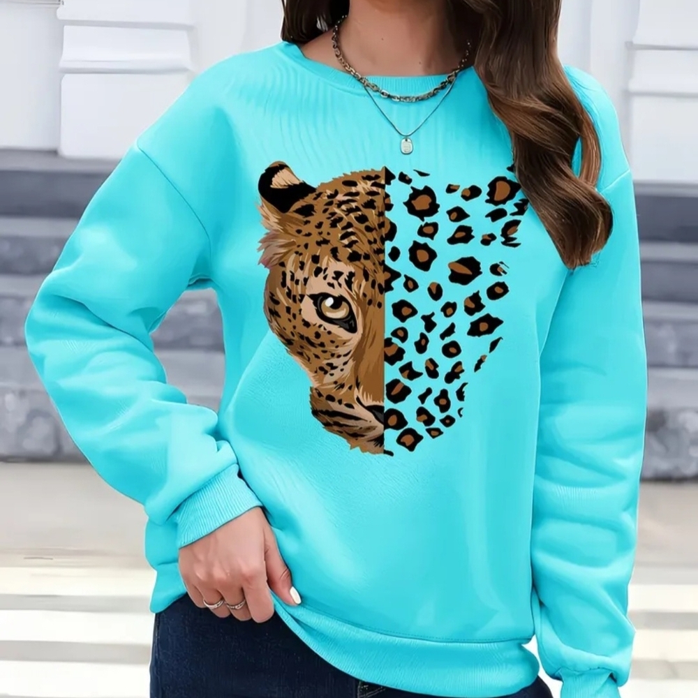 Leopard Print Sweatshirt Turquoise Blue. Super Soft Inside New Pit To Pit 25"